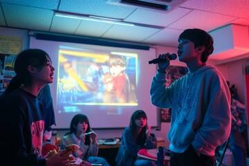 Obraz premium A group of male and female Japanese teens singing karaoke in the karaoke room