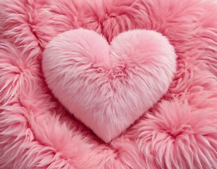 Pink volumetric fur heart isolated on pink background. Ai generated image