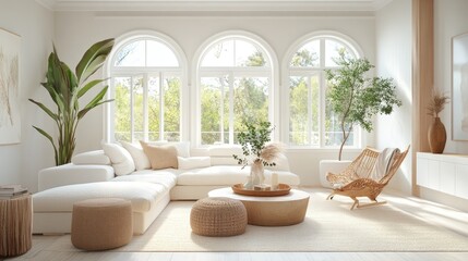Fototapeta premium A bright, airy living room with neutral tones and cozy textures, blending modern style with comfort in a serene environment