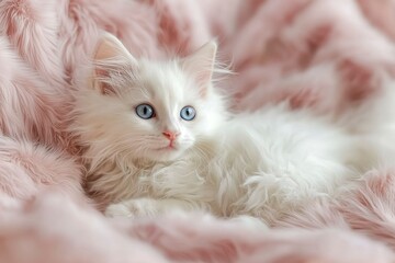 Obraz premium White Kitten with Blue Eyes Resting on Pink Fur