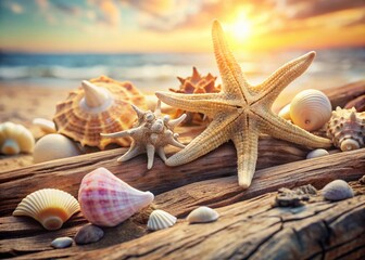 Macro close-up of delicate seashells and starfish on weathered driftwood with soft pastel colors and creamy textures in warm afternoon light