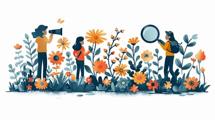 Set of people with binoculars, magnifying glass on search bar with flowers. Searching, finding, web surfing, looking for opportunities concept. Hand drawn Vector illustration. Isolated design elements