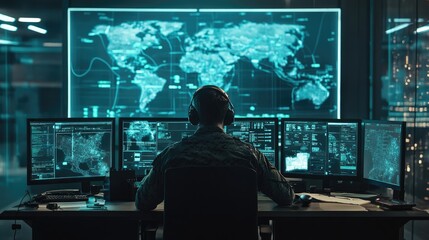 Fototapeta premium High-tech war room with a soldier using advanced screens and maps for strategic planning and tactical operations