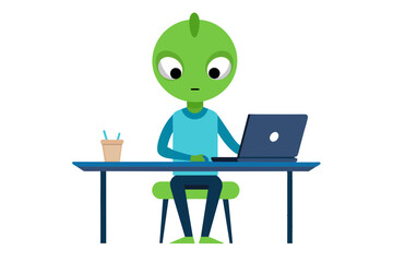 An alien sitting with a laptop on the table vector art illustration