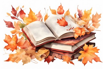 Watercolor illustration of books and autumn leaves. Fall clipart isolated on white bakground.
