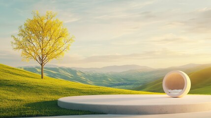 Ecofriendly burial pod turning body into tree  with a serene, natural landscape and soft, warm lighting