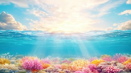 Ecofriendly sunscreen protecting coral reefs  captured underwater with vibrant colors and a focus on healthy coral