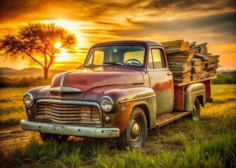 Fototapeta premium rusty old Texan pickup truck overflowing with cash and country music vinyl records under faded afternoon light with nostalgic vintage tone