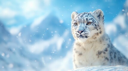 Fototapeta premium Endangered snow leopard in remote mountain habitat in a dramatic, closeup shot with intense eye contact and snowy backdrop