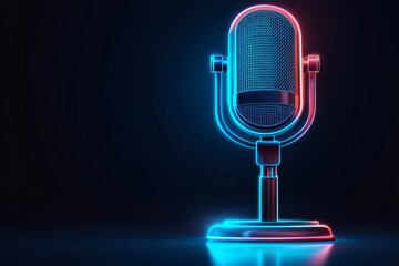 studio microphone with neon lights background, podcast, broadcasting, talkshow