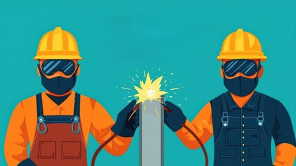 Fototapeta premium Construction crew welding steel girders, flat vector style, industrial palette
