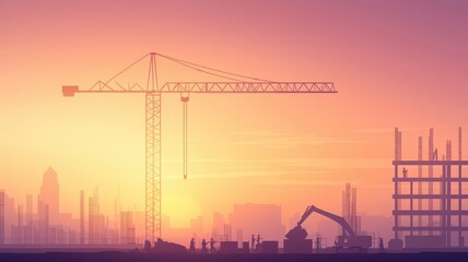 Fototapeta premium Construction site at dawn with workers preparing materials, flat vector style, soft industrial tones