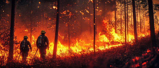 Two firefighters fighting forest fire