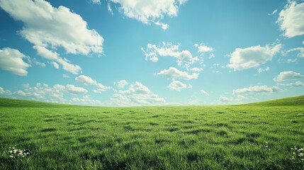 Obraz premium Lush green meadow stretches out under a clear sky with scattered clouds, offering a peaceful, natural scene with wide open space.