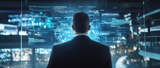 A business man in the office midday clicks on a hologram screen showing digital data analysis 