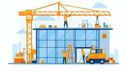 Construction workers installing large glass windows on a building, flat vector style, industrial palette