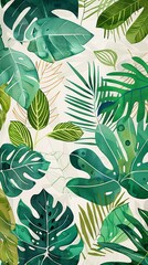 Obraz premium abstract primitive leaves mural centered on white wall green tones 