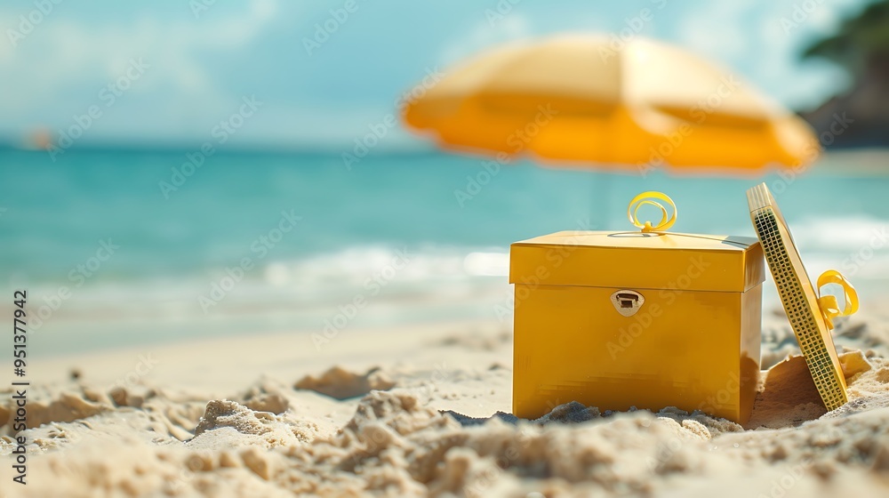 Wall mural A yellow beauty lotion box with an umbrella on the sand