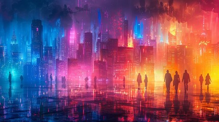Fototapeta premium Silhouettes of people in futuristic cityscape digital urban environment vibrant colors skyscrapers neon lights modern city background