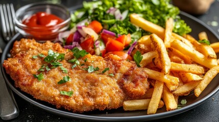 Fototapeta premium Fried chops, fries, salad