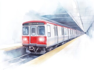 Obraz premium Watercolor Illustration of a Modern Train Arriving at a Subway Station Platform