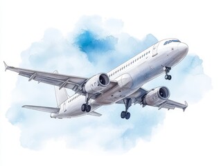 Obraz premium Airplane Flying in Blue Sky Watercolor Illustration
