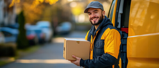 Portrait of a smiling courier man in his work wear standing by the van with a package in his hands in sunny weather