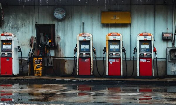 A row of red, white and yellow gas pumps against a grey metal building in an abandoned gas station