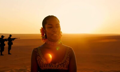 Ghanaian Woman in Desert at Sunset with Armed Soldiers - Powered by Adobe