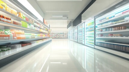 Fototapeta premium A large, bright supermarket aisle filled with a variety of goods in the refrigerated section,