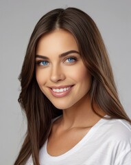 Naklejka premium beautiful woman blue eyes, dark brown thick smooth straight shiny and silky hair, smiling, white t-shirt, white background professional photography in studio