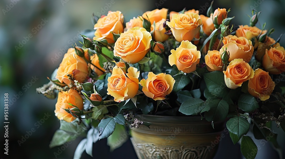 Poster A lush arrangement of orange roses in a vintage vase, creating a warm and inviting floral display.