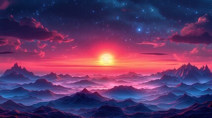 Fototapeta premium Stars and exoplanet in outer space. Futuristic landscape, with noise texture . Night landscape with starry sky .Vector illustration