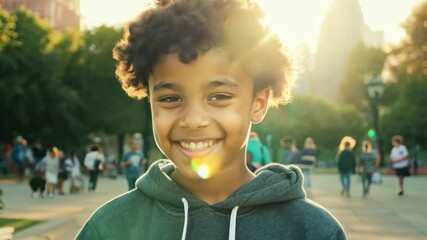 Little boy smiling showing teeth in the city park