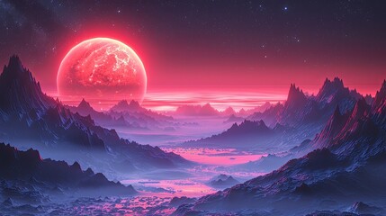 Stars and exoplanet in outer space. Futuristic landscape, with noise texture . Night landscape with starry sky .Vector illustration