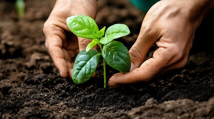 Hands Planting Vibrant Green Seedling in Fertile Soil