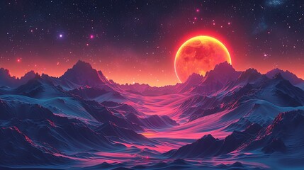 Fototapeta premium Stars and exoplanet in outer space. Futuristic landscape, with noise texture . Night landscape with starry sky .Vector illustration