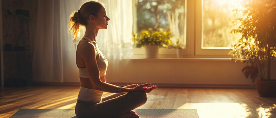 Beautiful young woman practicing yoga at home on a sunny day 
