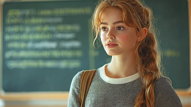 Caucasian female answering homework during class while standing near the board and reciting English grammar rules