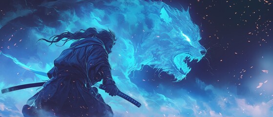 Animal ninja samurai ready for battle fierce expression flowing fur and glowing weapons night scene