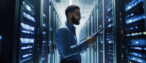 Portrait of man while running servers in a data center 