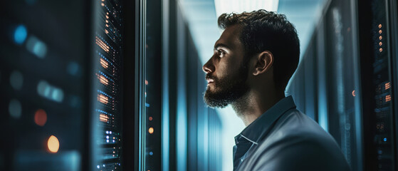 Portrait of man while running servers in a data center 