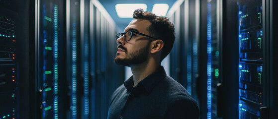Portrait of man while running servers in a data center