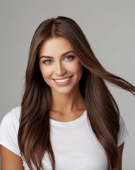 Naklejka premium beautiful woman blue eyes, dark brown thick smooth straight shiny and silky hair, smiling, white t-shirt, white background professional photography in studio