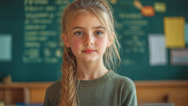 Caucasian female answering homework during class while standing near the board and reciting English grammar rules