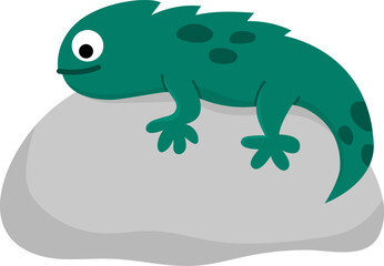 Cute lizard lying on the rock. Funny animal illustration isolated on white background. Green reptile icon. Exotic tropical chameleon clipart for kids