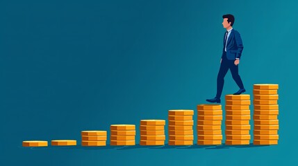 Succsissful Businessman walking up the golden coins stack as on stairs. 3D reneging