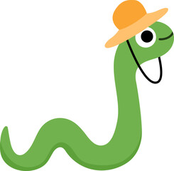 Vector snake in orange hat icon. Cartoon archeologist animal clipart. Historical dinosaur dig or excavations scientist or explorer illustration. Cute reptile picture for kids
