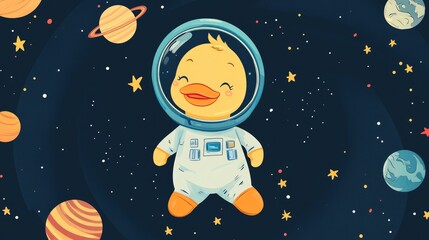 A cute cartoon duck astronaut, floating in space with a helmet on, surrounded by stars and planets