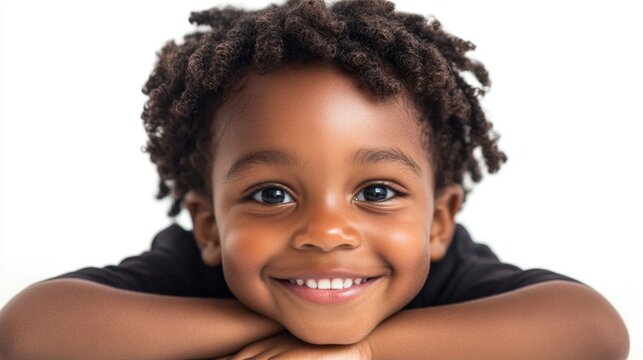Black child with a joyful smile isolated on a white background playful pose and bright eyes